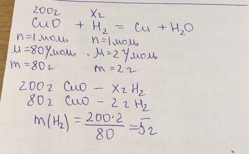 Рассчитайте массу водорода, затраченного на восстановление 200г оксида меди ОТВЕТЕТЬ НЕ ПОЖЕЛЕЕТЕ ПИ