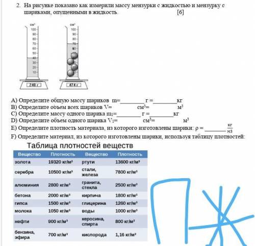 1.     На рисунке показано как измерили массу мензурки с жидкостью и мензурку с шариками, опущенными