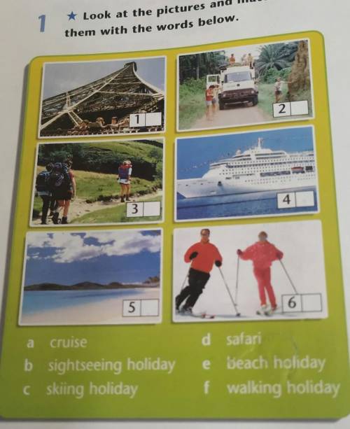 1 * Look at the pictures and matchthem with the words below.24356a cruiseb sightseeing holidayc skii