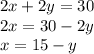 2x + 2y = 30\\2x = 30-2y\\x = 15-y