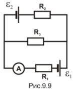 У схемі на рис. 9.9 ε1 = 2,1 В; ε2 = 1,9 В; R1 = 45 Ом; R2 = 10 Ом; R3 = 100 Ом. Внутрішнім опором д