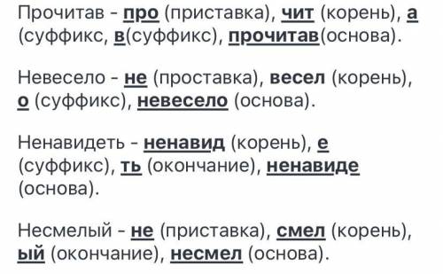 Обозначьте морфемы данных слов: Прочитав, невесело, ненавидеть, несмелый. Объясните свой выбор.