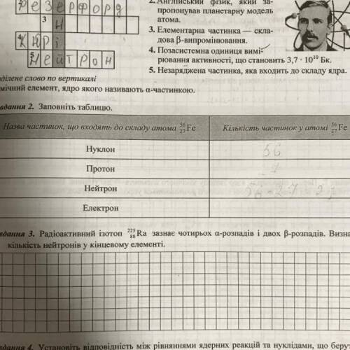 Завдання 2. Заповніть таблицю. Назва частинок, що входять до складу атома Fe Кількість частиноку ато