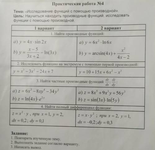 Исследование фукнций с производной практическая работа2 вариант