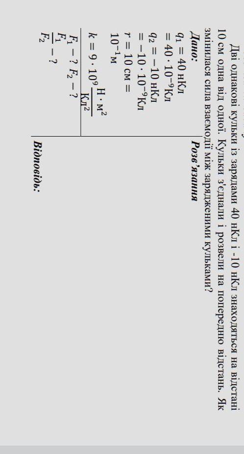 решить: Дві однакові кульки із зарядами 40 нКл і -10 нКл знаходяться на відстані 10см одна від одної