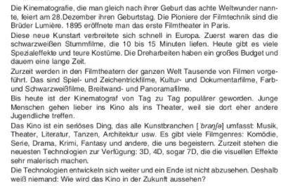 Прочитать текст и ответить на 4 вопрос (1 фото): 1. Wie nennt man das Kino?2. Wann feiert das Kino s