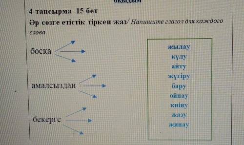 4-тапсырма 15 бет Әр сөзге етістік тіркеп жаз/ Напишите глагол для каждогословабоскажылаукүлуайтужүг