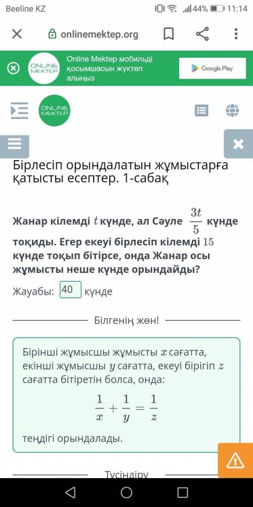 Бірлесіп орындалатын жұмыстарға қатысты есептер. 1-сабақ Жанар кілемді t күнде, ал Сәуле t/5күнде то