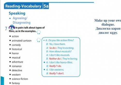 In pairs talk about types of films, as in the examples 5класс диалог памагите