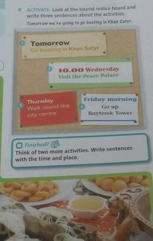 4 ACTIVATE Look at the tourist notice board and write three sentences about the activities.Tomorrow