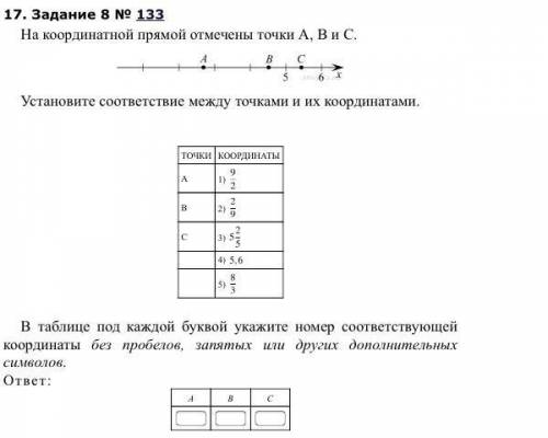 на координатной прямой отмечены точки A B и C Установите соответствие между точками и их координатам