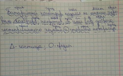 Полный синтаксический разбор предложения. Батарейный командир казался не таким суровым, как вчера; н
