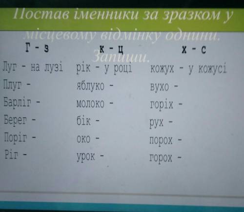 Постав іменники за зразком у місцевому відмінку однини.г- зК - Цx - сЗапиши.Луг - на лузі рік - у ро