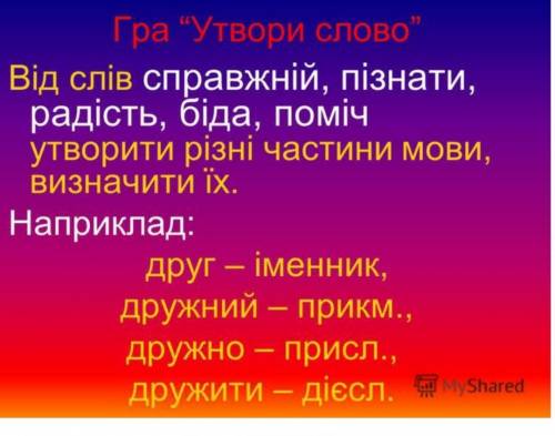 Только там еще еще нужно уьворити від слів ім прикм дієсл присл.приклад є ​