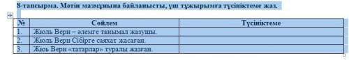 8-тапсырма. Мәтін мазмұнына байланысты, үш тұжырымға түсініктеме жаз. № Сөйлем Түсініктеме 1. Жюль В