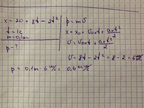 ів Рівняння руху тіла має вигляд x=20+8t-2t^2. Визначте імпульс тіла через одну секунду після початк