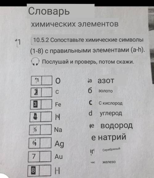 O a nitrogen 2 C b gold 3 Fe 4 N 5 Na C oxygen d carbon e hydrogen f sodium g silver h iron 6 Ag Au