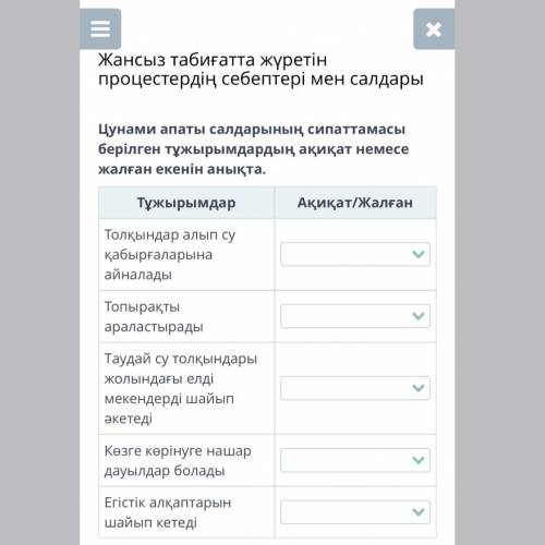 Цунами апаты салдарының сипаттамасы берілген тұжырымдардың ақиқат немесе жалған екенін анықта. Тұжыр