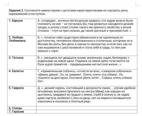 Задание 2. Соотнесите имена героев с цитатами-характеристиками их портрета, речи, переживаний и пост