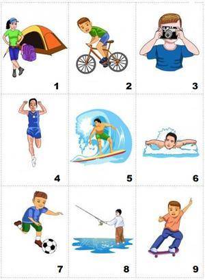 Match the pictures (1-9) with the names of hobbies (A-I). Write down your answer as in the example.