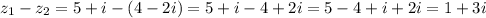 z_1 - z_2 = 5+i - (4 - 2i) = 5+i - 4 + 2i = 5-4 + i + 2i = 1 + 3i