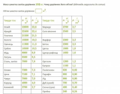 Маса шматка заліза дорівнює 152 кг. Чому дорівнює його об'єм? (Відповідь округлити до сотих) Об'єм ш