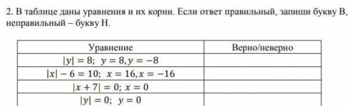 2. В таблице даны уравнения и их корни. Если ответ правильный, запиши букву В, неправильный – букву