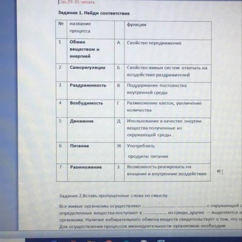 Задание 1. Найди соответствие No название функции процесса 1 АСвойство передвижения Обмен веществом