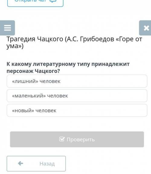 Ума») К какому литературному типу принадлежит персонаж Чацкого?«лишний» человек«новый» человек«мален