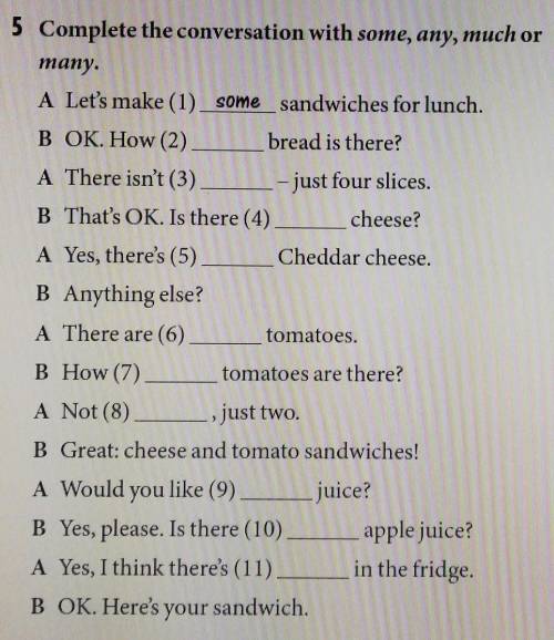 5 Complete the conversation with some, any, much or many.A Let's make (1) some sandwiches for lunch.