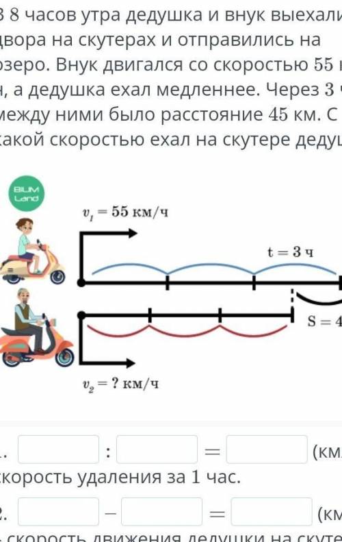 Реши задачу арифметическим В 8 часов утра дедушка и внук выехали со двора на скутерах и отправились