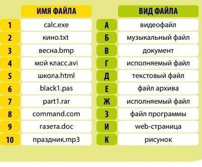 В таблице с права даны название фаелов установите соответствие между именем фаела и его видом ​