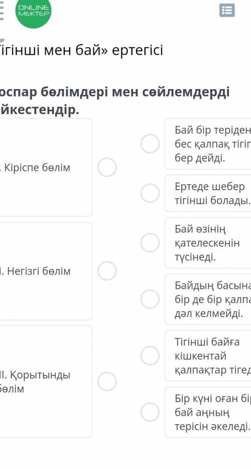 Жоспар бөлімдері мен сөйлемдерді сәйкестендір.Бай бір теріденбес қалпақ тігіпбер дейді.І. Кіріспе бө