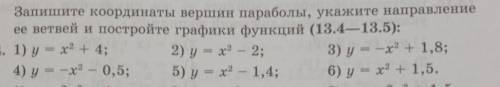 Запишите координаты вершин параболы, укажите направление ее ветвей и постройте графики функций (13.4