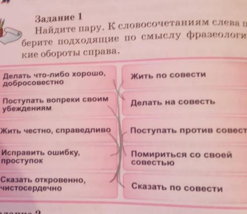 Сказать по совести Задание 1кие обороты справа.Найдите пару. К словосочетаниям слева ореберите подхо