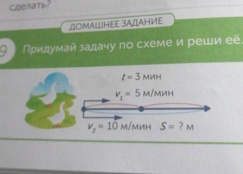 ДОМАШНЕЕ ЗАДАНИЕ 9 Придумай задачу по схеме и реши се( 3 мини, 5 м/минV2= 10 м/мин 5 ? м