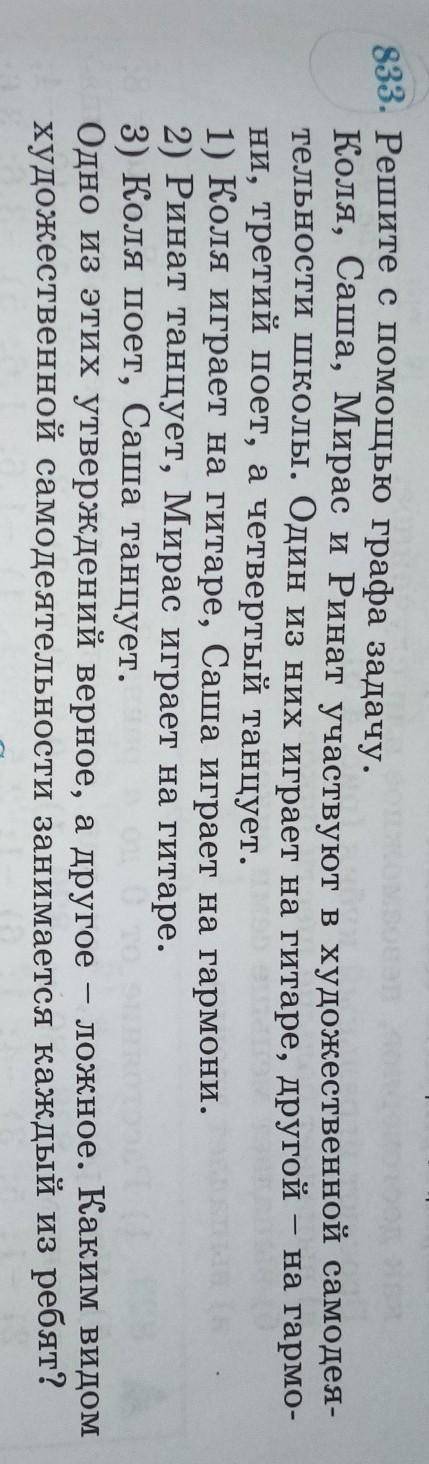 833. Решите с графа задачу. Коля, Саша, Мирас и Ринат участвуют в художественной самодея-тельности ш