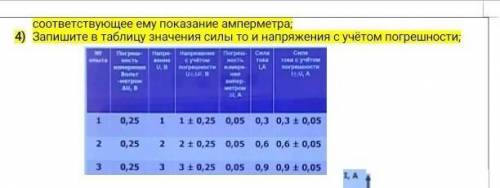 Запишите в таблицу значения силы тока и напряжения с учётом погрешностью