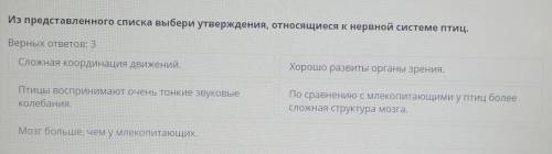 Из представленного списка выбери утверждения, относящиеся к нервной системе птиц. Верных ответов: 3С