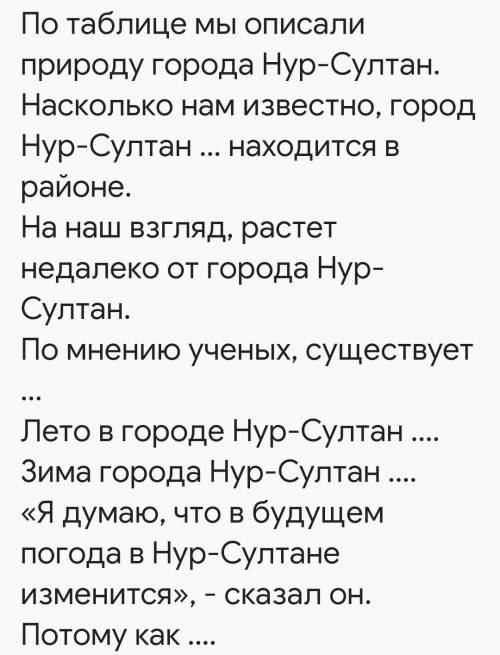 83 бет, 3- тапсырма. Нұр-Сұлтан туралы жазыңдар. Үлгіні қолданып сөйлеңдер. Напишите о Нур-Султане.