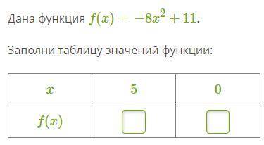 Дана функция f(x)=−8^2+11. Заполните таблицу значений функции