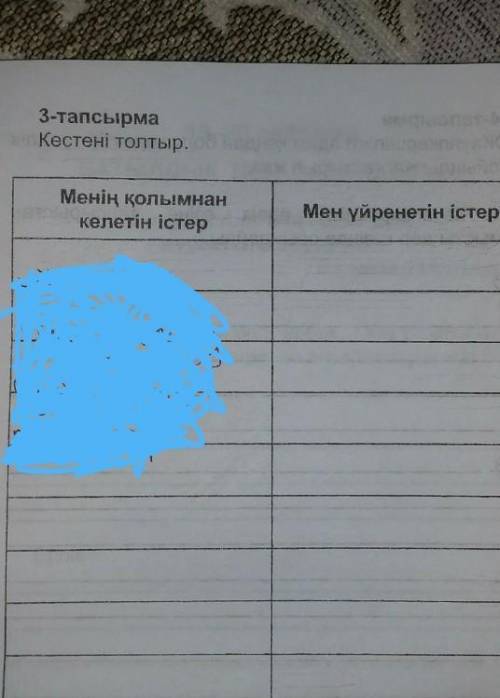 3-тапсырма Кестені толтыр.Менің қолымнанкелетін істерМен үйренетін істербірінішішін жаздым екеіншіш