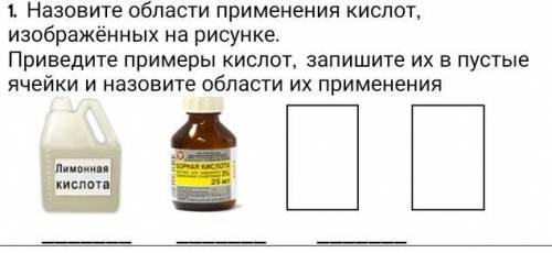 Назовите области применения кислот, изображённых на рисунке. Приведите примеры кислот, запишите их в