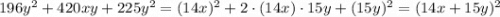 196y^2+420xy+225y^2=(14x)^2+2\cdot (14x)\cdot 15y+(15y)^2=(14x+15y)^2