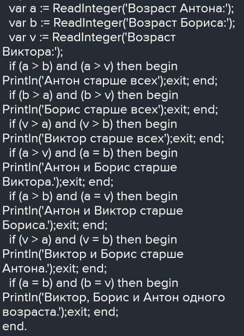 ( ) Дана задача: Ввести последовательно возраст Антона,Бориса и Виктора. Определить,кто из них старш