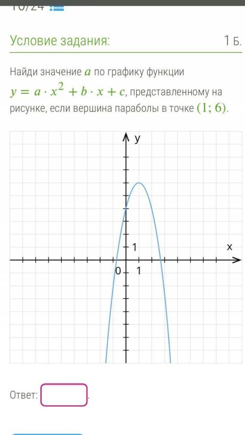 Найди значение а по графику функции = • x2 + • x + с, представленному на рисунке, если вершина параб