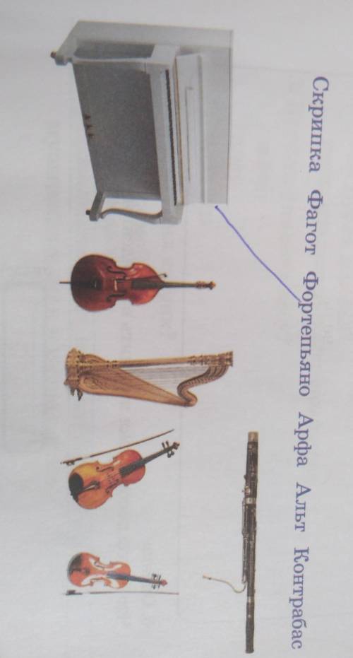 проба пера соедини линией иллюстрацию инструментов с названиями скрипка фагот фортепиано арфа Контра