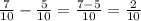 \frac{7}{10} - \frac{5}{10} = \frac{7 - 5 }{10} = \frac{2}{10}