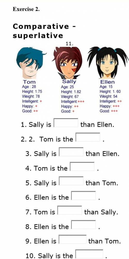 1. sally is___ than ellen. 2. tom is the___3. sally is___ than ellen. 4. tom is the ___5. sally is__