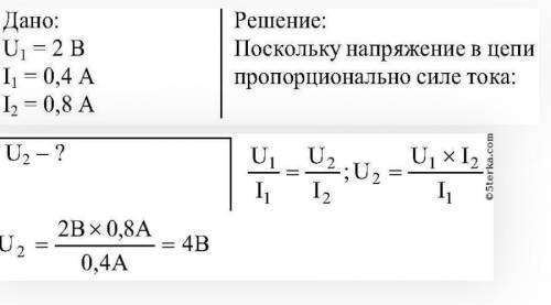 При напряжении на концах участка цепи равному 2В,сила тока в проводнике 0,4А. Каким должно быть напр